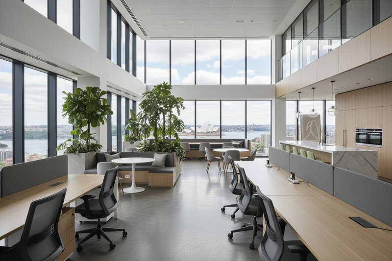 high quality image showcasing top quality office fitout for an australian corporate office with workstations, desks, ergonomic chairs, office plants with a beautiful view outside the window