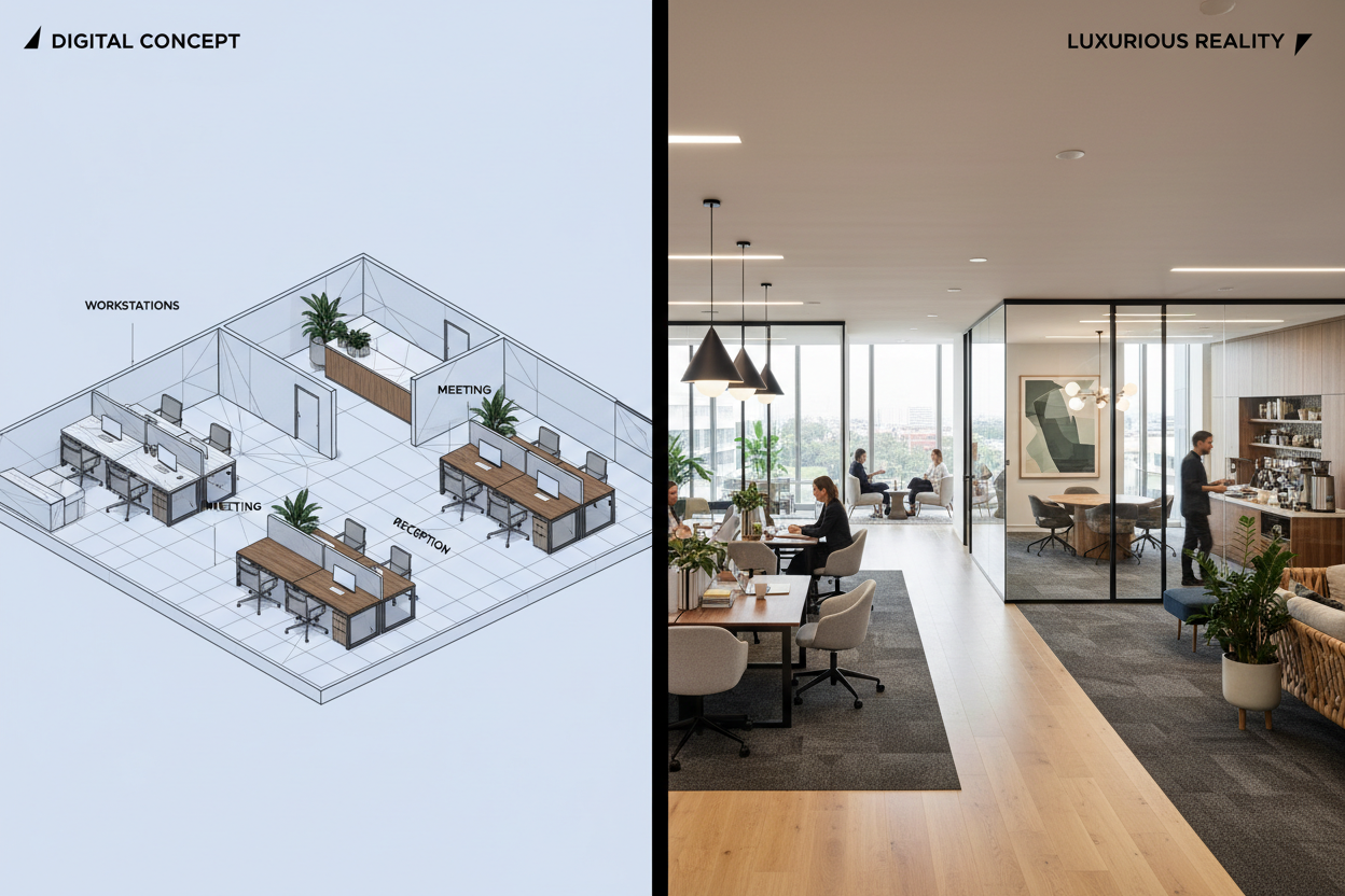 make the difference visible 3d render must look like a model of the office layout while compeleted photograph must be full high quality picture of the same 3d design to reality. 
